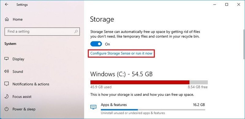 Opción de configuración de Storage Sense de Windows 10