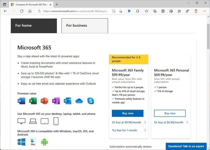 Página de producto de Microsoft 365