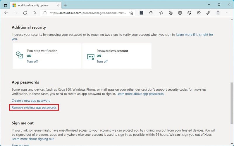 Cuenta de Microsoft eliminar las contraseñas de aplicaciones existentes