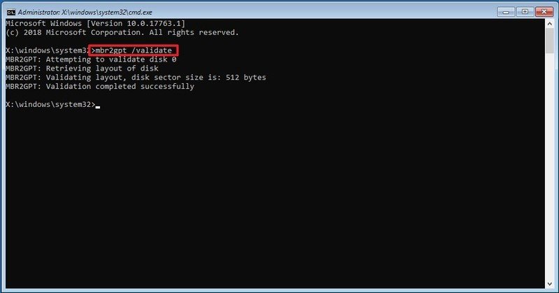 comando de validación mbr2gpt