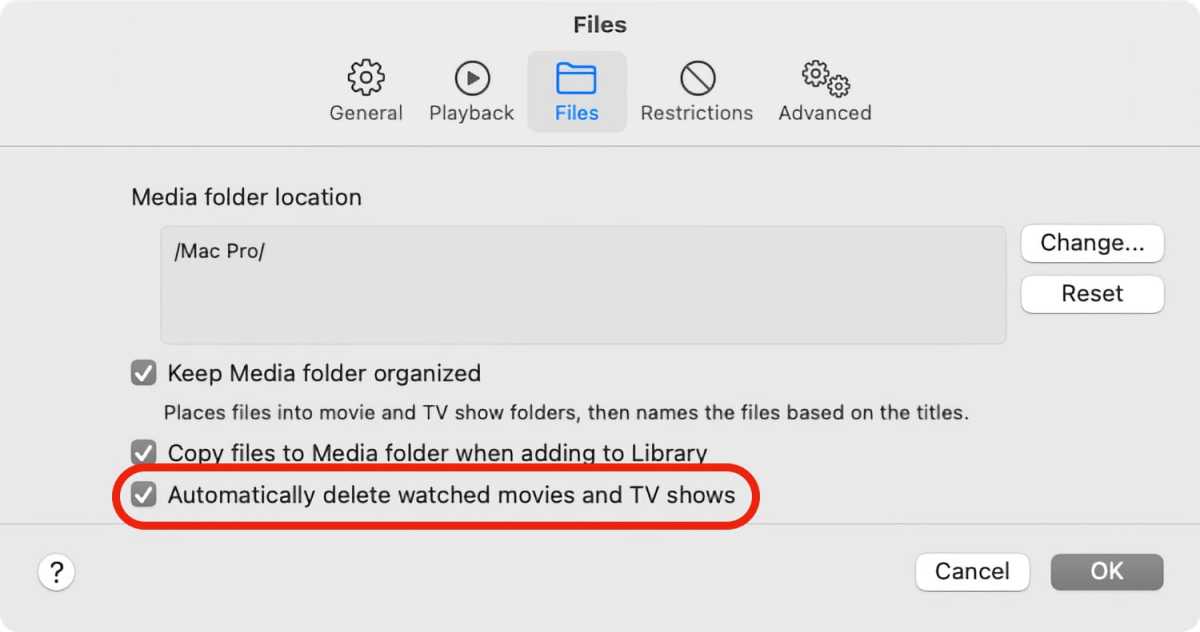 Aplicación de TV eliminar archivos