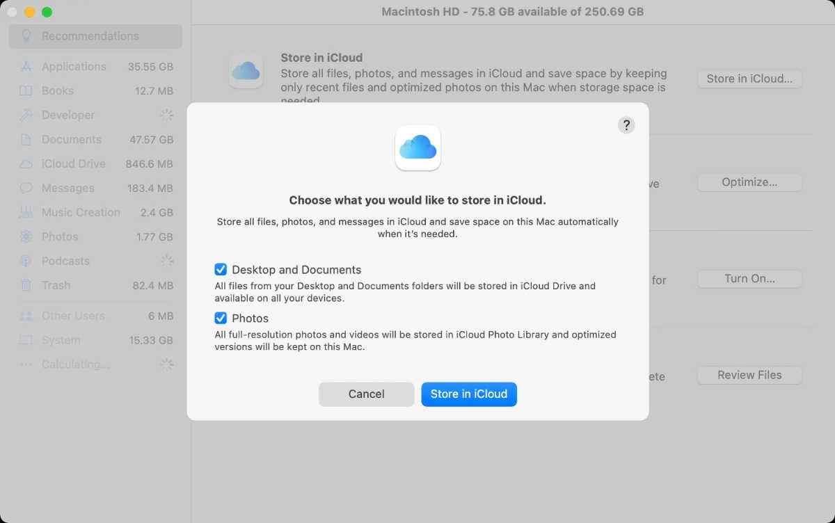 macOS Big Sur optimizar el almacenamiento iCloud