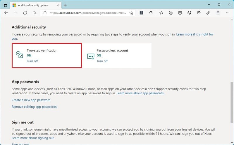 Opción de desactivación de la verificación en dos pasos de la cuenta de Microsoft