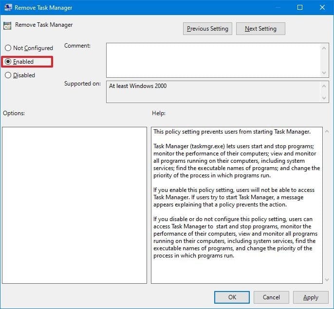 Política de Windows 10 para deshabilitar el Administrador de tareas