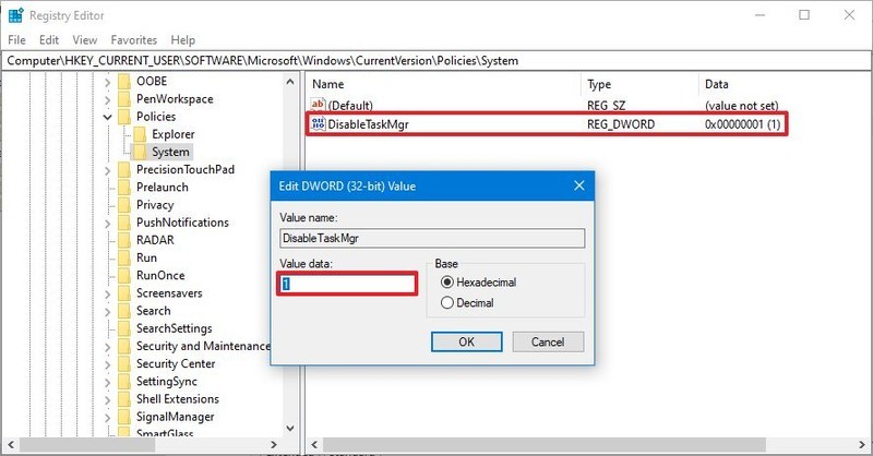 Windows 10 deshabilita el Administrador de tareas con el Registro