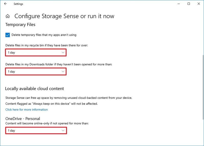 Configuración avanzada de Storage Sense