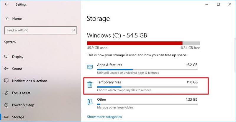 Elemento de archivos temporales de Storage Sense