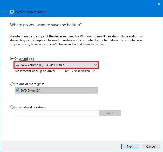 Windows 10 seleccione el destino de la copia de seguridad