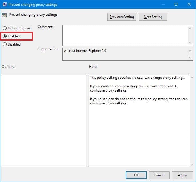 Deshabilitar la configuración de proxy en Windows 10 con gpedit