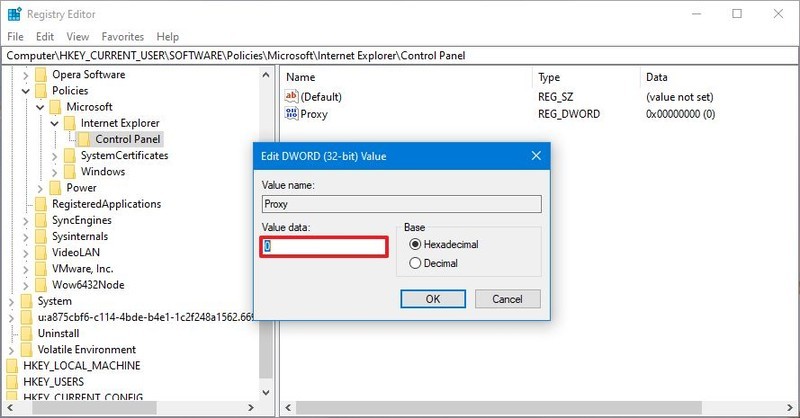 Habilitar la configuración de proxy del registro de Windows 10