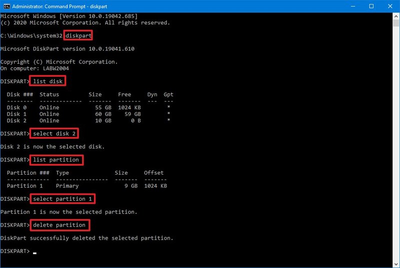 DiskPart elimina la partición en Windows 10