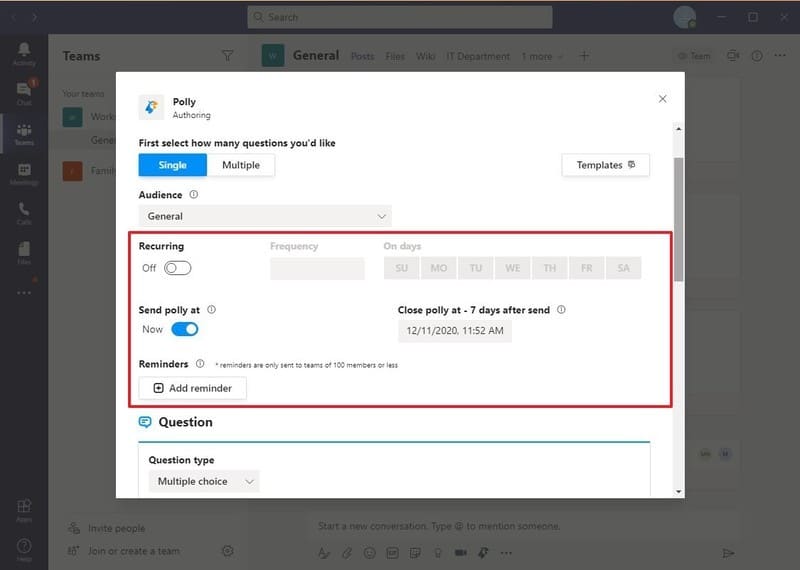 Microsoft Teams programe una encuesta