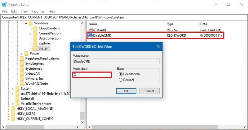 Registro de Windows 10 deshabilitar el símbolo del sistema
