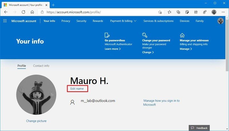Botón para editar el nombre de la cuenta de Microsoft