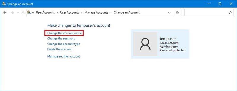 Panel de control de Windows 10 cambiar el nombre de la cuenta