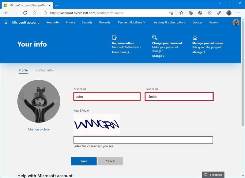 Windows 10 cambia el nombre de la cuenta en línea