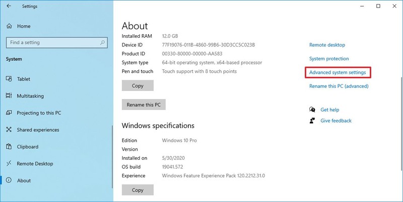 Configuración avanzada del sistema en Windows 10