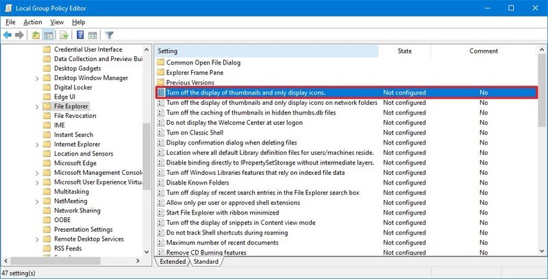 Configuración de miniaturas de la directiva de grupo del Explorador de archivos