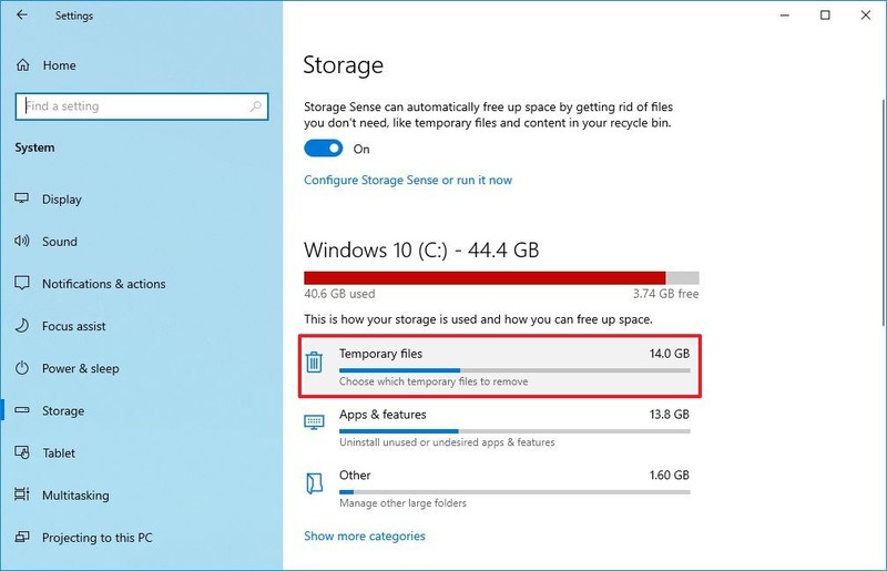 Elemento de archivos temporales de Storage Sense