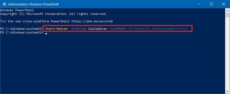 Microsoft Defender Antivirus escanea una carpeta con PowerShell