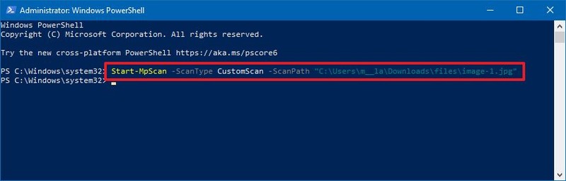 Microsoft Defender Antivirus escanea un archivo con PowerShell