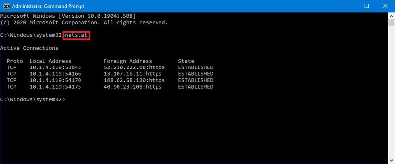 Comando netstat de Windows 10