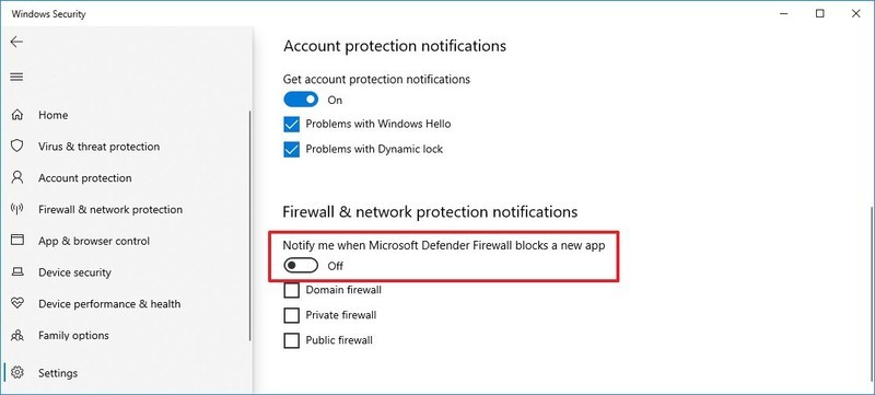 Notificaciones de firewall deshabilitadas