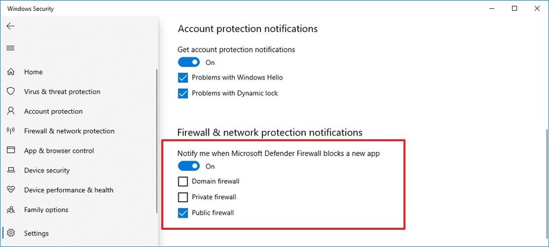 Notificaciones de firewall con configuración personalizada