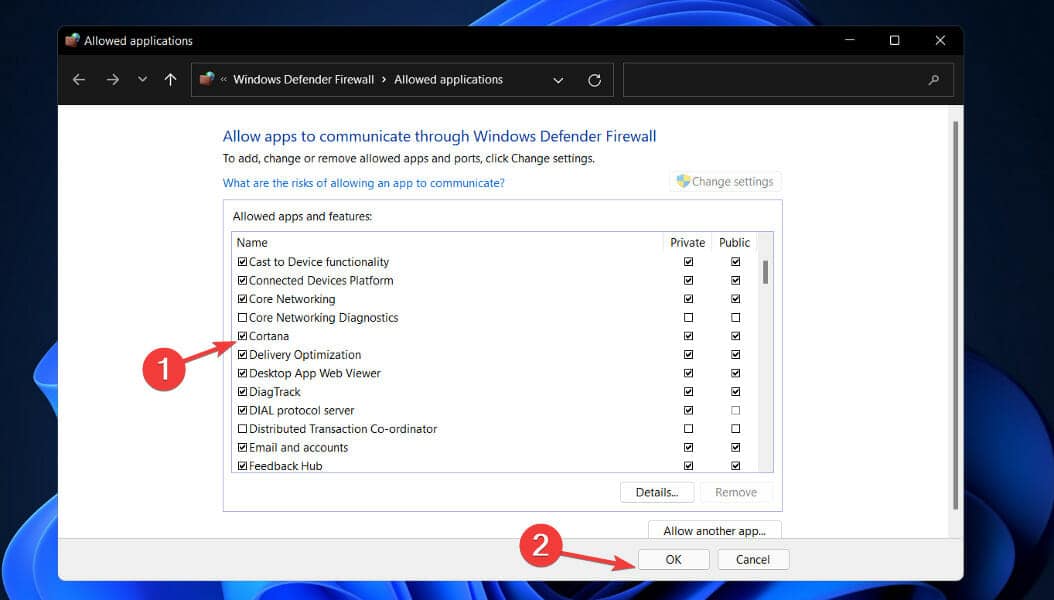 Cortana Windows 11. Firewall allow