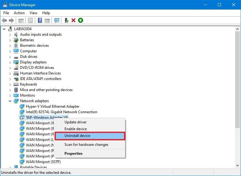 Opción de desinstalación de hardware del Administrador de dispositivos