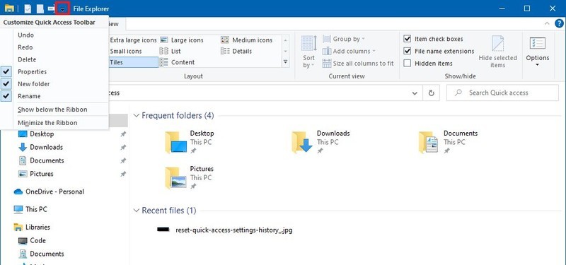 Barra de herramientas de acceso rápido en el Explorador de archivos