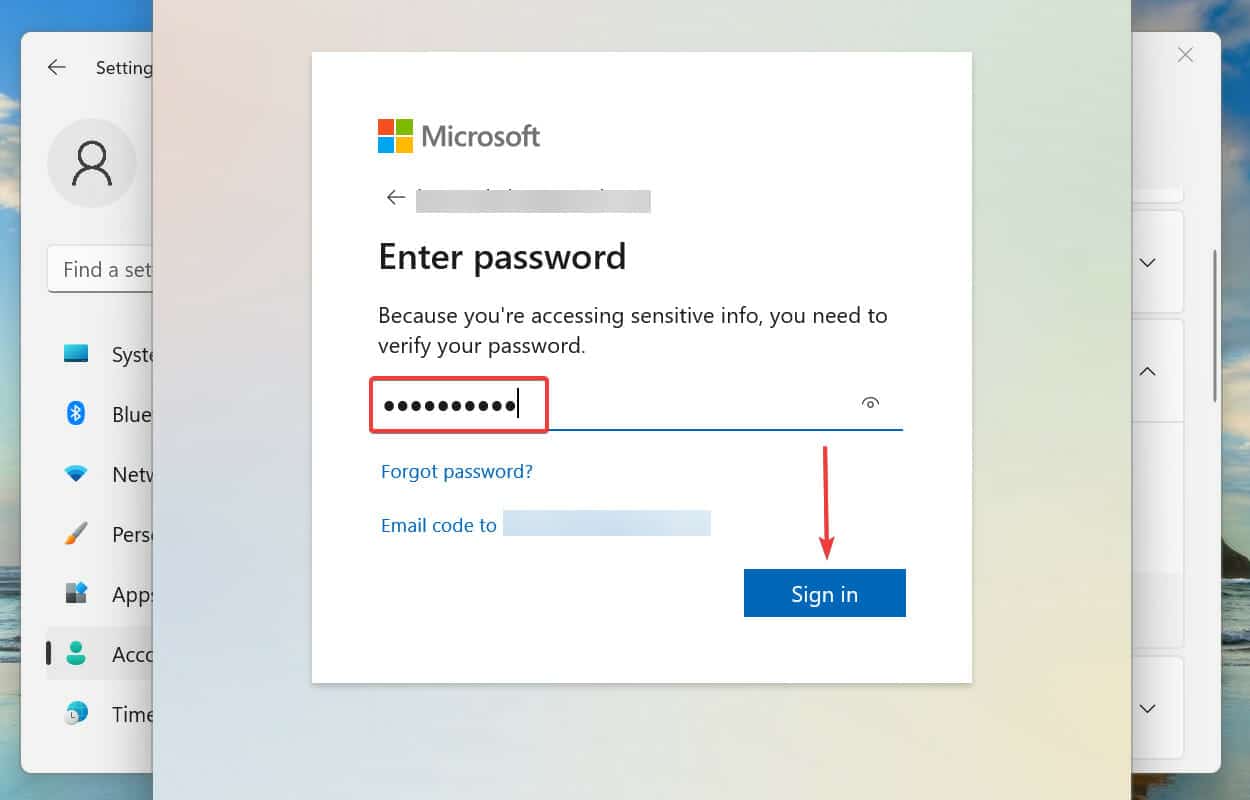 Verifique la contraseña de la cuenta de Microsoft para eliminar el pin en Windows 11