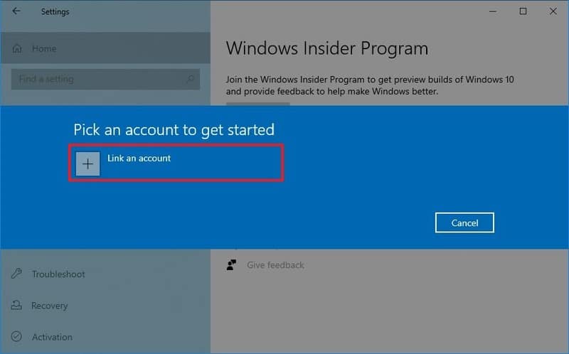 Cuenta de enlace del programa Windows Insider