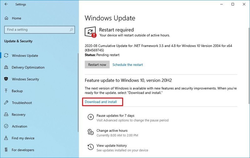 Opción de descarga e instalación de Windows 10 versión 20H2