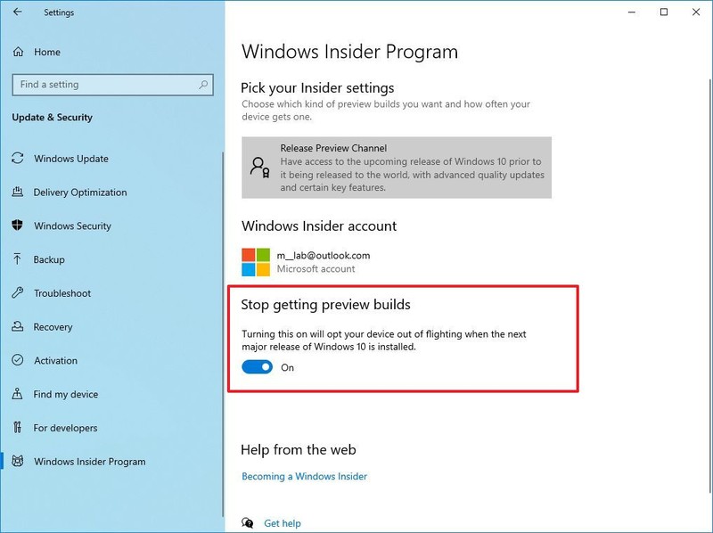 Deje de obtener compilaciones de vista previa en Windows 10