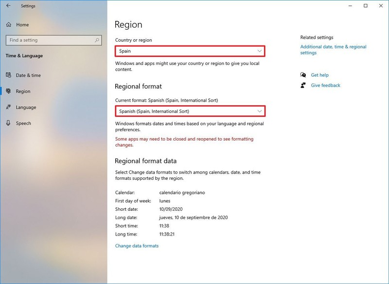 Windows 10 cambiar la configuración de la región