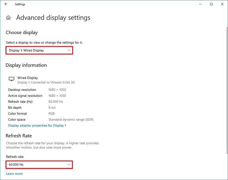 Cambiar la frecuencia de actualización de la pantalla en Configuración