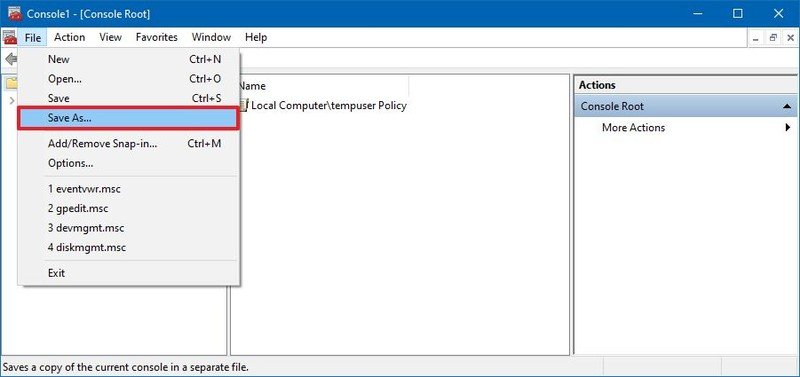 Guarde MMC como un archivo en Windows 10
