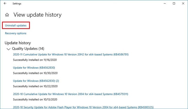 Opción de actualización de desinstalación de Windows 10