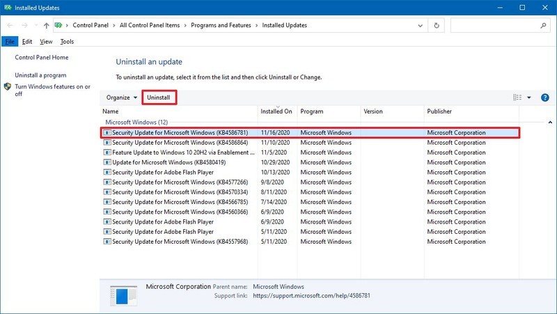 Desinstalación de Windows 10 KB4586781 