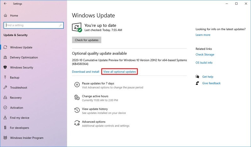 Ver todas las actualizaciones opcionales en Windows 10