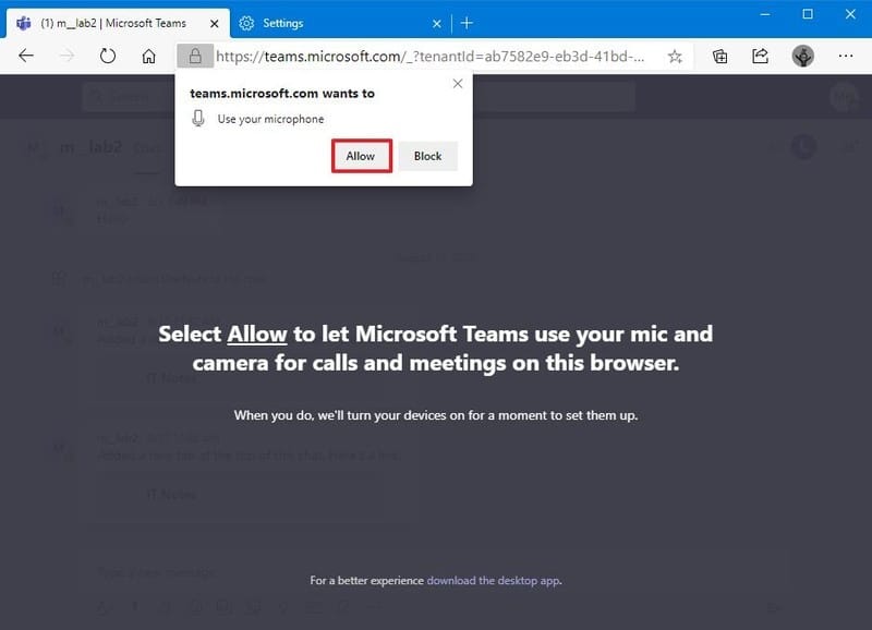 Permitir el acceso web de Microsoft Teams al micrófono