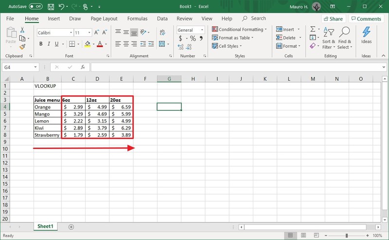 Información de la tabla de Excel para BUSCARV
