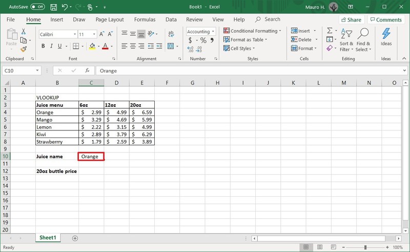 Selección de valor de búsqueda de Excel