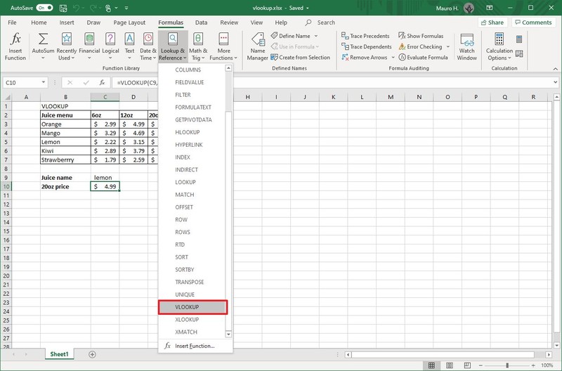 Menú de fórmulas de Excel, opción BUSCARV