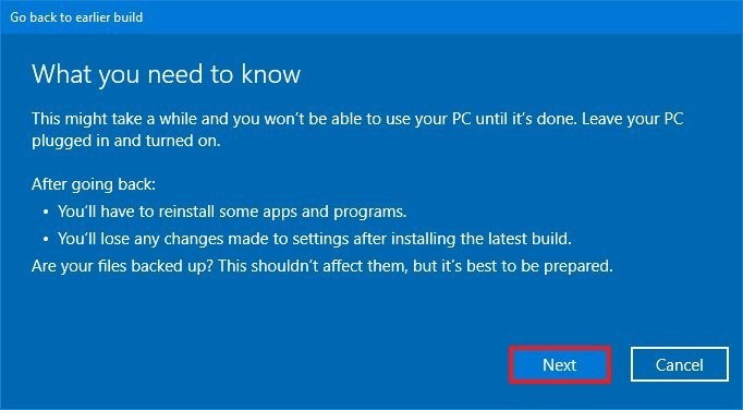 Información de reversión de Windows 10