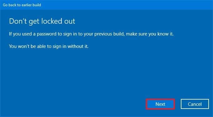 Advertencia de contraseña de reversión de Windows 10 