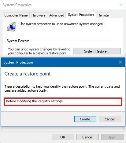 Windows 10 crea la configuración del punto de restauración