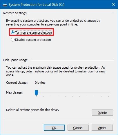 Active la protección del sistema en Windows 10
