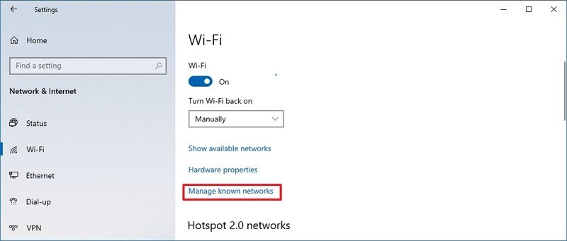 Windows 10 administra la opción de red conocida
